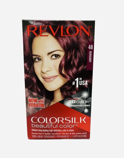 Revlon Colorsilk 48 Burgundy hair color box featuring a woman with burgundy wavy hair