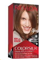 Revlon Colorsilk 51 Light Brown hair dye box with model showing light brown hair