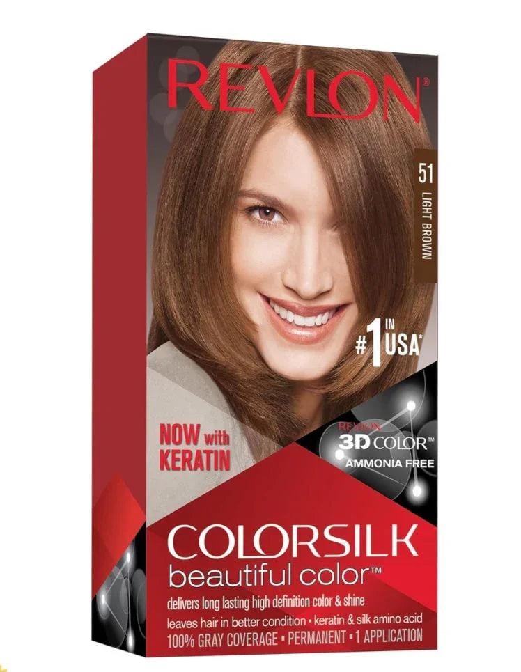 Revlon Colorsilk 51 Light Brown hair dye box with model showing light brown hair