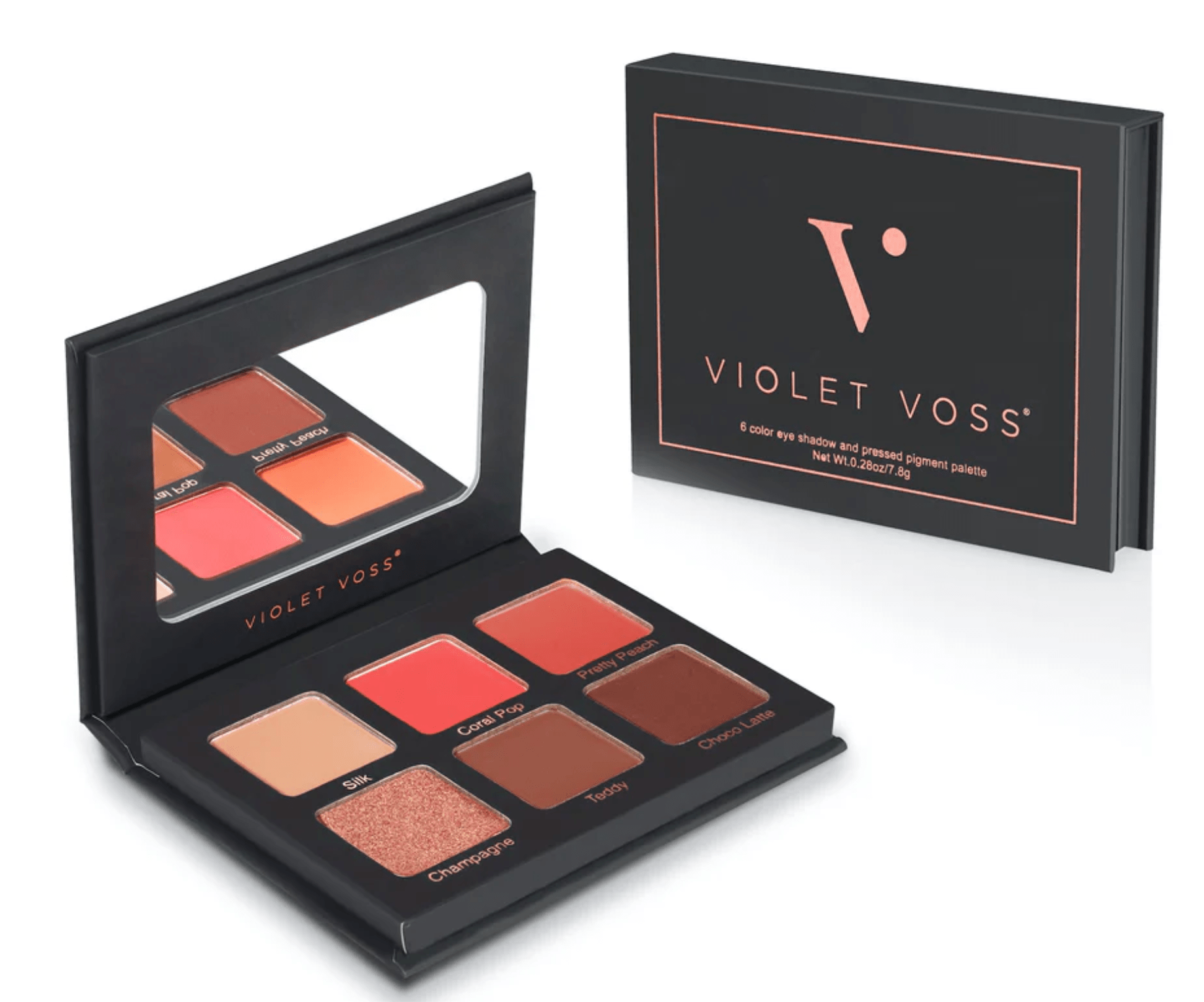 The Mini Eyeshadow Palette includes warm corals, pinks, and peach tones that are easy to mix and match.